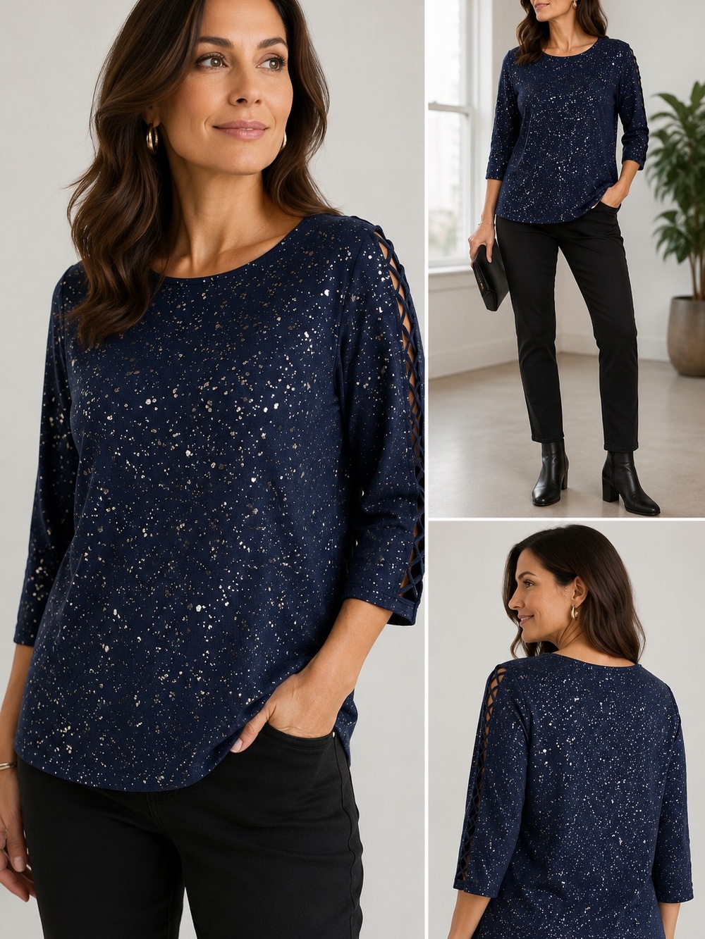 COMO Vintage Navy Metallic Splatter Knit Top Lattice Sleeve Detail Size Large